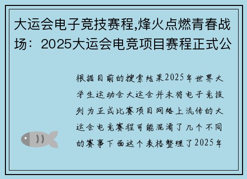 大运会电子竞技赛程,烽火点燃青春战场：2025大运会电竞项目赛程正式公布